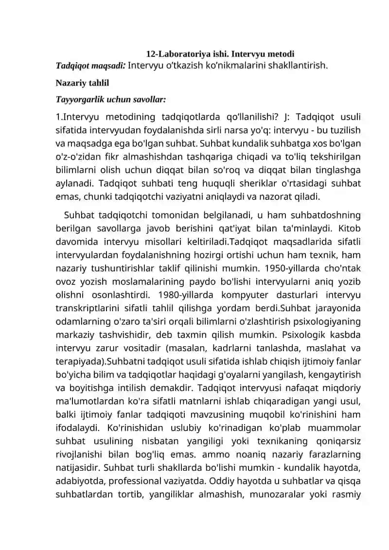 Intervyu metodining tadqiqotlarda qo’llanilishi