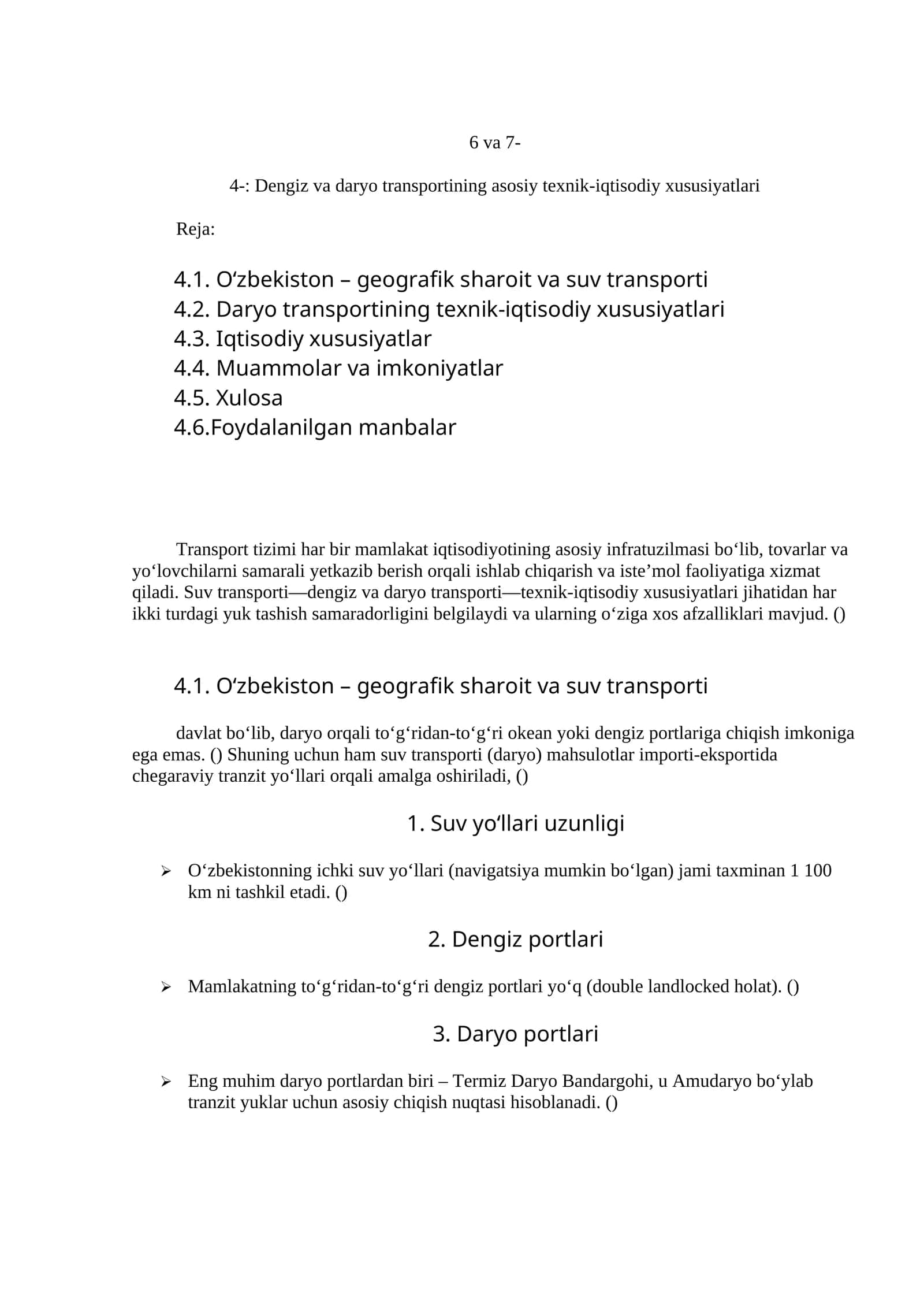 Dengiz va daryo transportining asosiy texnik-iqtisodiy xususiyatlari 1