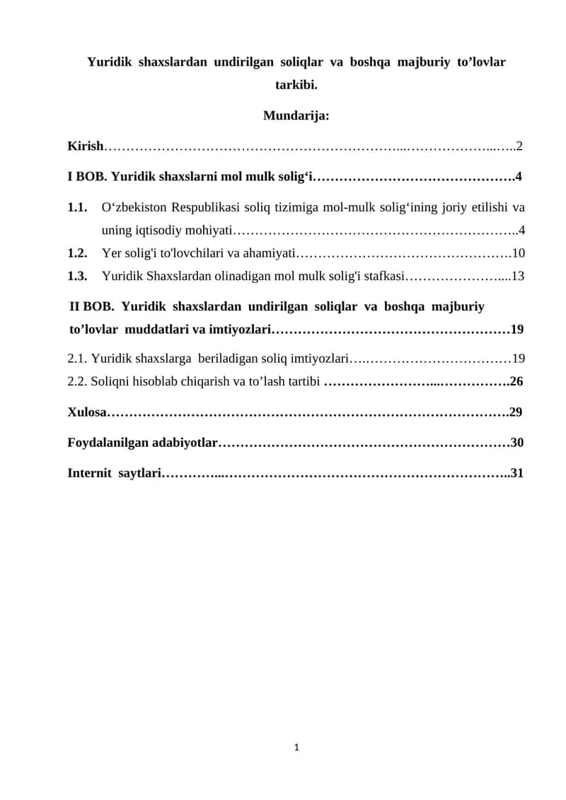Yuridik shaxslardan undirilgan soliqlar va boshqa majburiy to’lovlar tarkibi 1