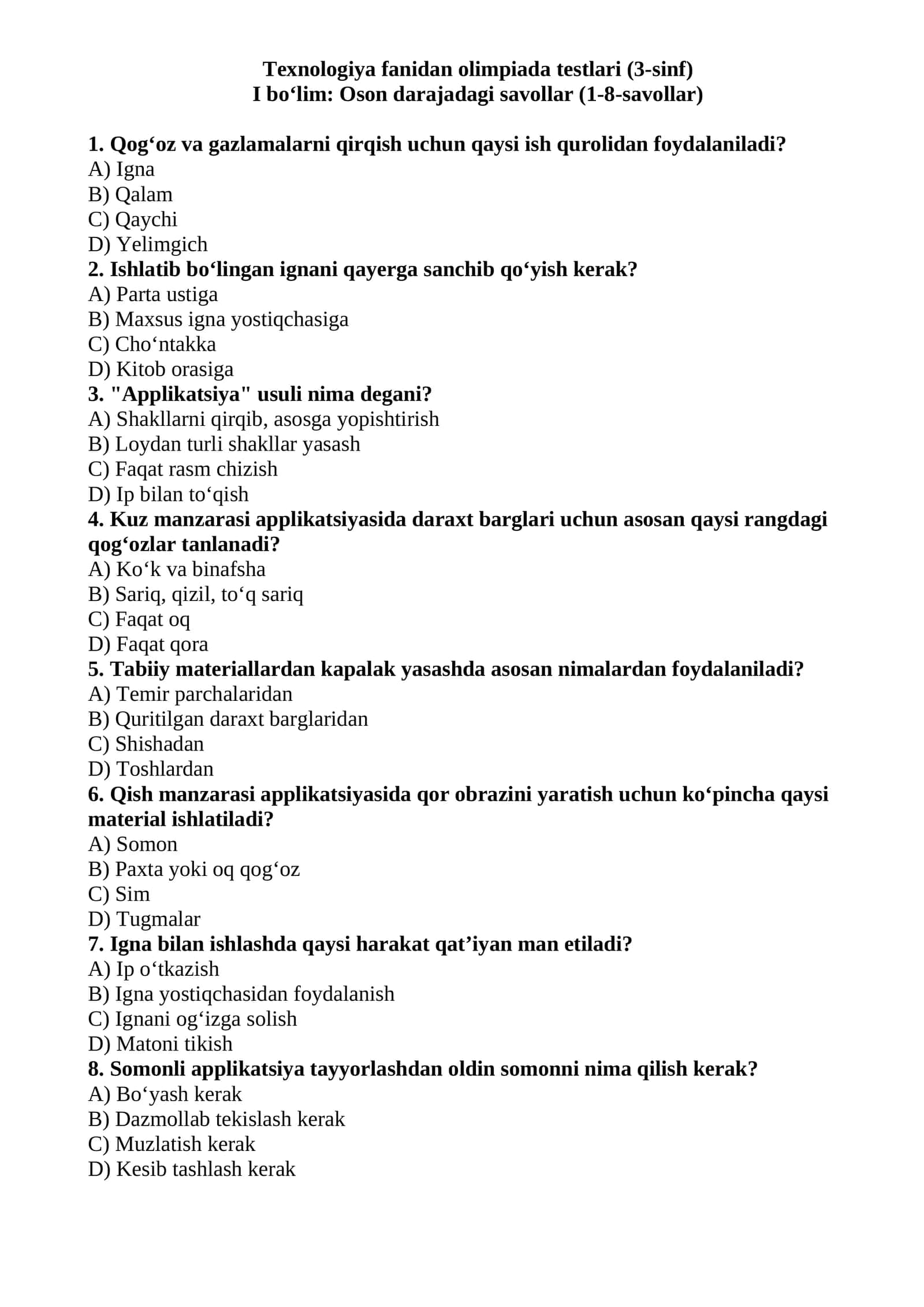 Texnologiya fanidan olimpiada testlari (3-sinf) 1