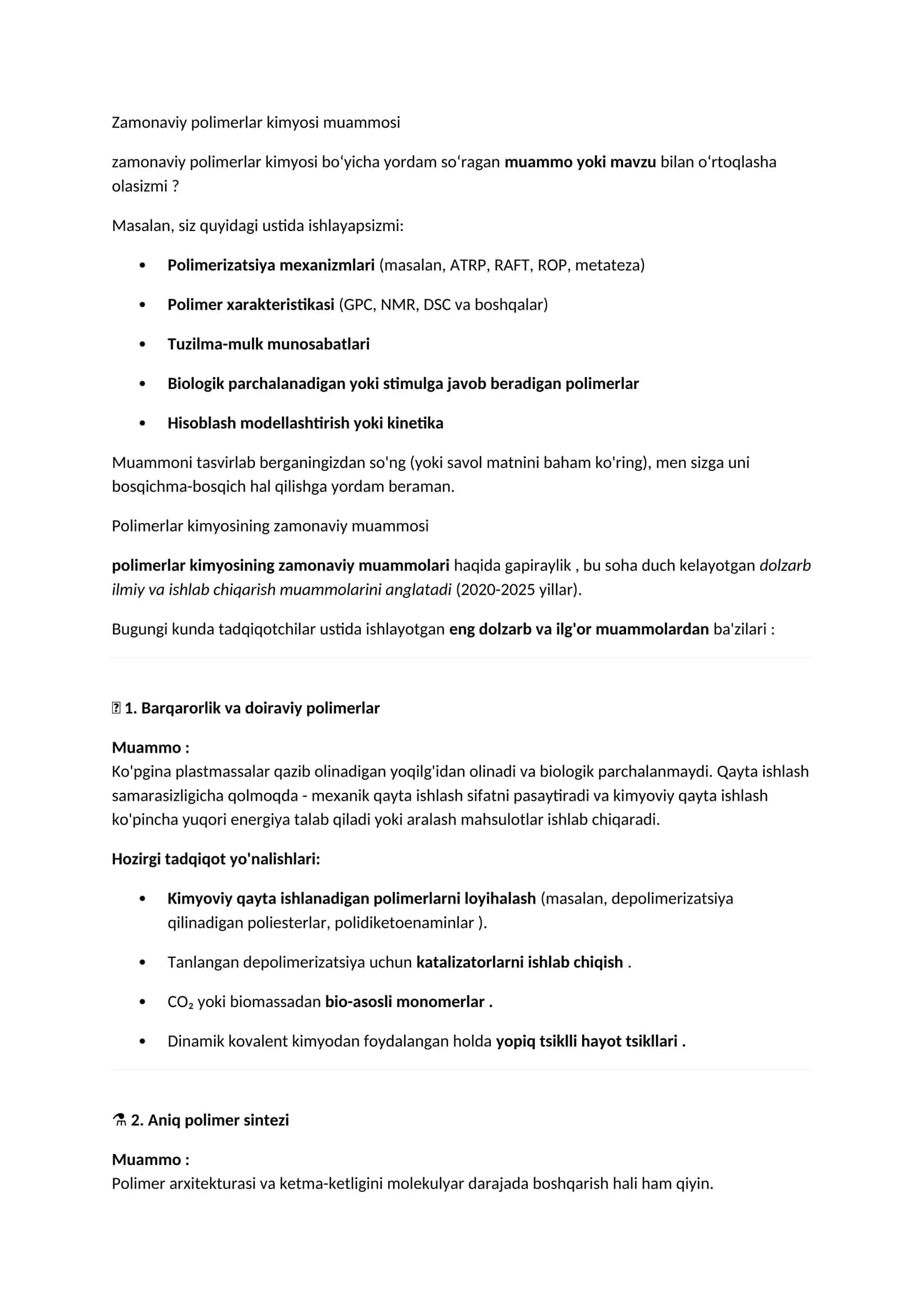 Zamonaviy polimerlar kimyosi muammosi 1
