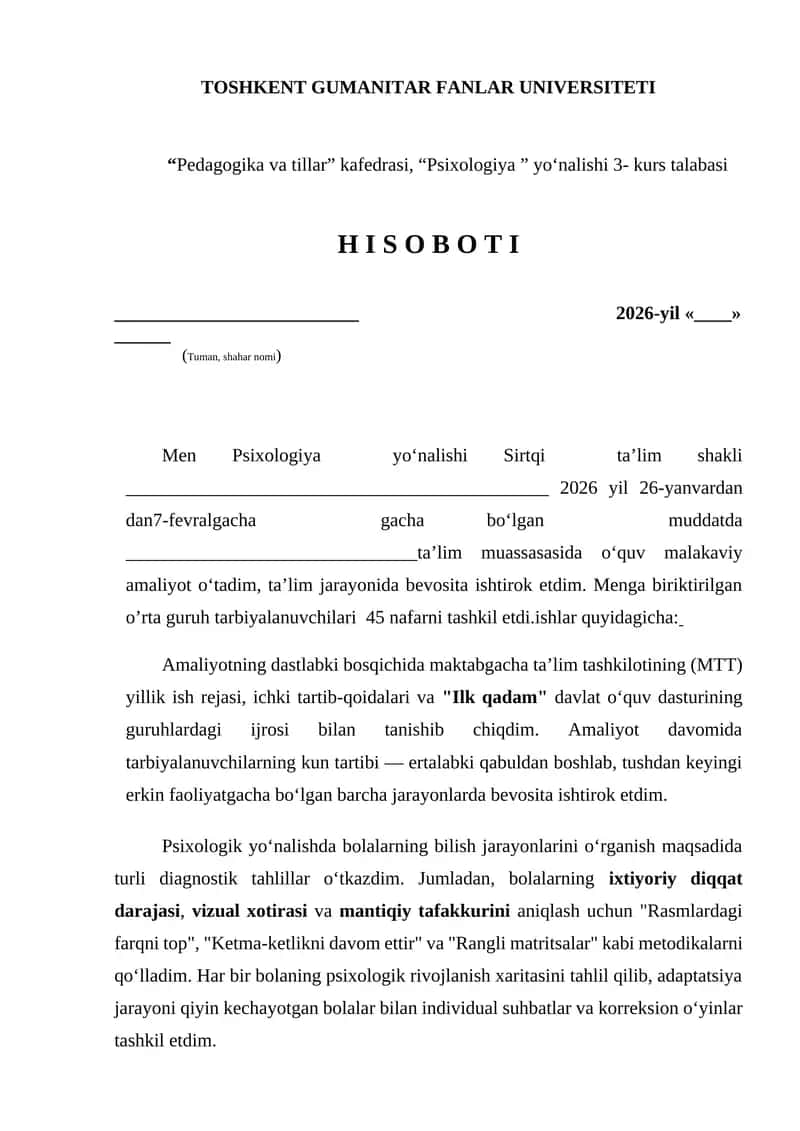Amaliyot hisoboti namuna 1