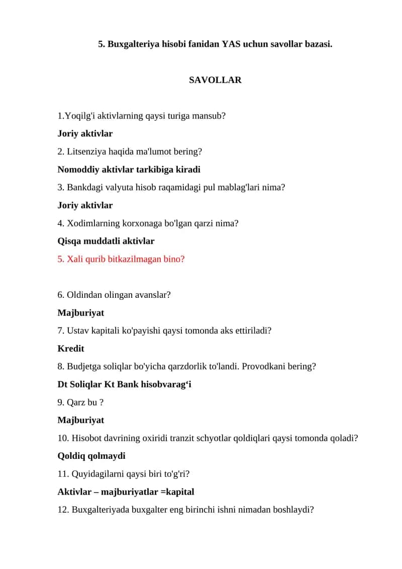 Buxgalteriya hisobi fanidan YAS uchun savollar bazasi 1