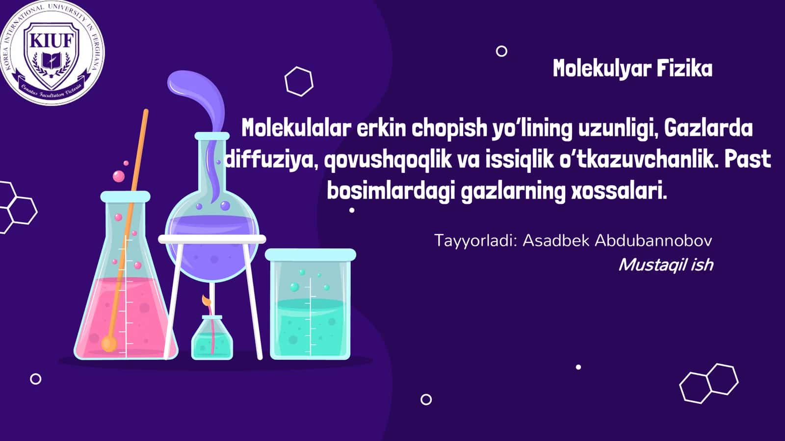 Molekulyar fizika: erkin chopish yo'li, diffuziya, qovushqoqlik va issiqlik o'tkazuvchanlik (23 slaydli taqdimot) 1