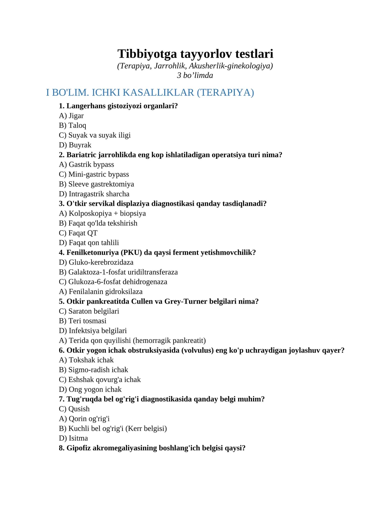 Tibbiyotga tayyorlov testlari 1