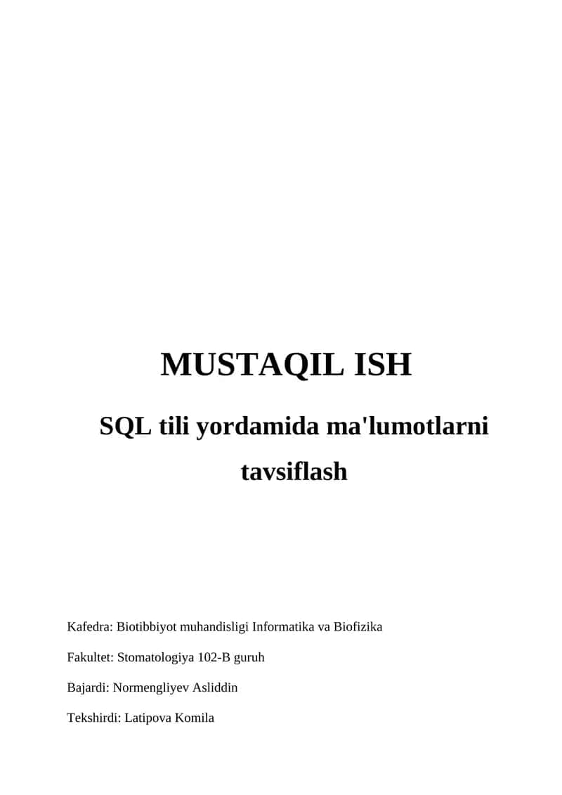 SQL tili yordamida ma'lumotlarni tavsiflash 1