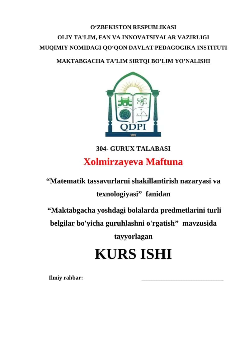 "Maktabgacha yoshdagi bolalarda predmetlarini turli belgilar bo'yicha guruhlashni o'rgatish" 1