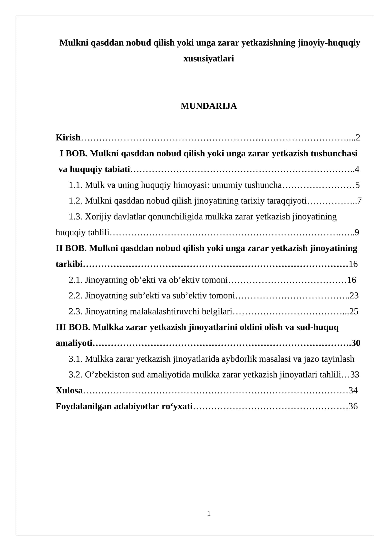 Mulkni qasddan nobud qilish yoki unga zarar yetkazishning jinoyiy-huquqiy xususiyatlari 1