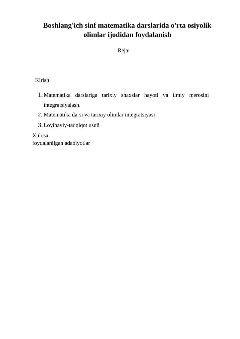 Boshlang'ich sinf matematika darslarida o'rta osiyolik olimlar ijodidan foydalanish 1