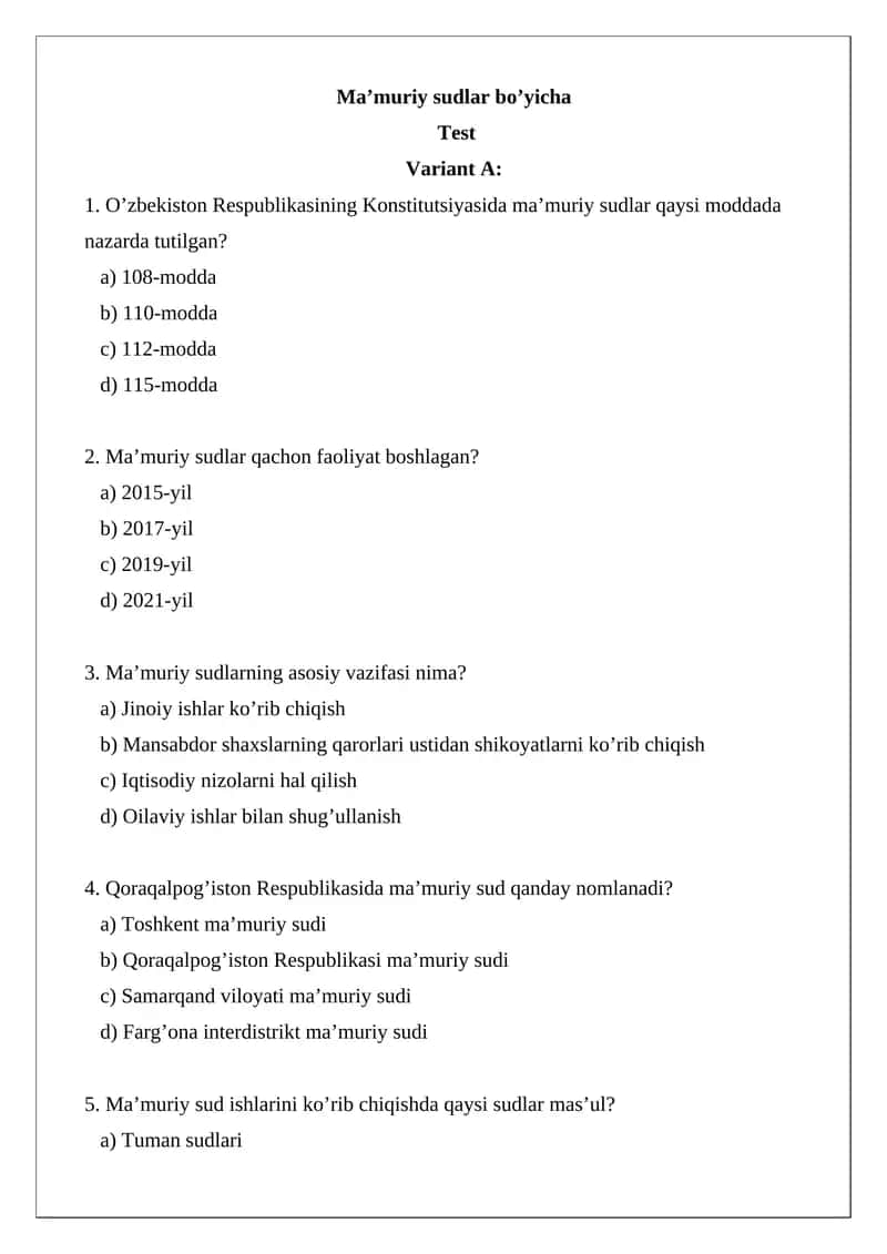 Ma’muriy sudlar bo’yicha Test 1