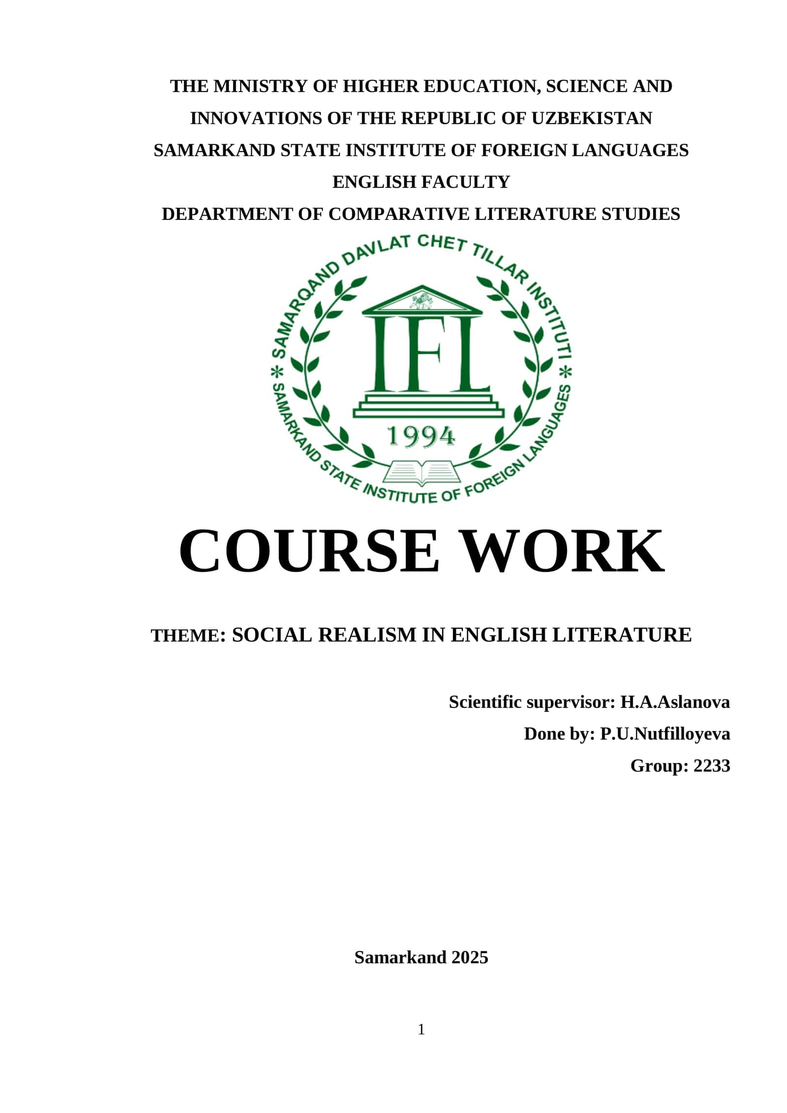 Course Work on Social Realism in English Literature 1