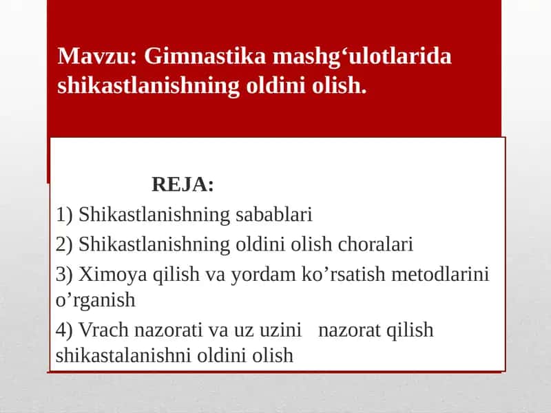 Gimnastika mashg‘ulotlarida shikastlanishning oldini olish 1
