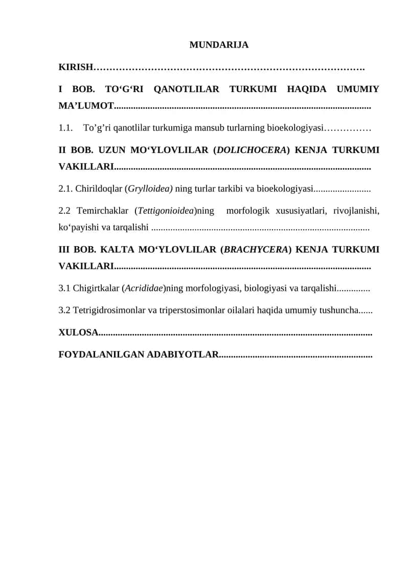 Kurs ishi. Toʻgʻri qanotlilar turkumi vakillari. 1