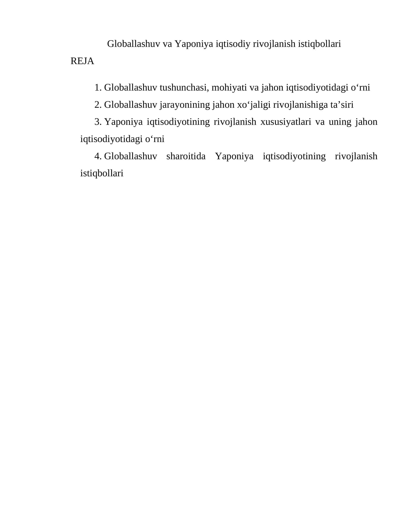 Globallashuv va Yaponiya iqtisodiy rivojlanish istiqbollari 1