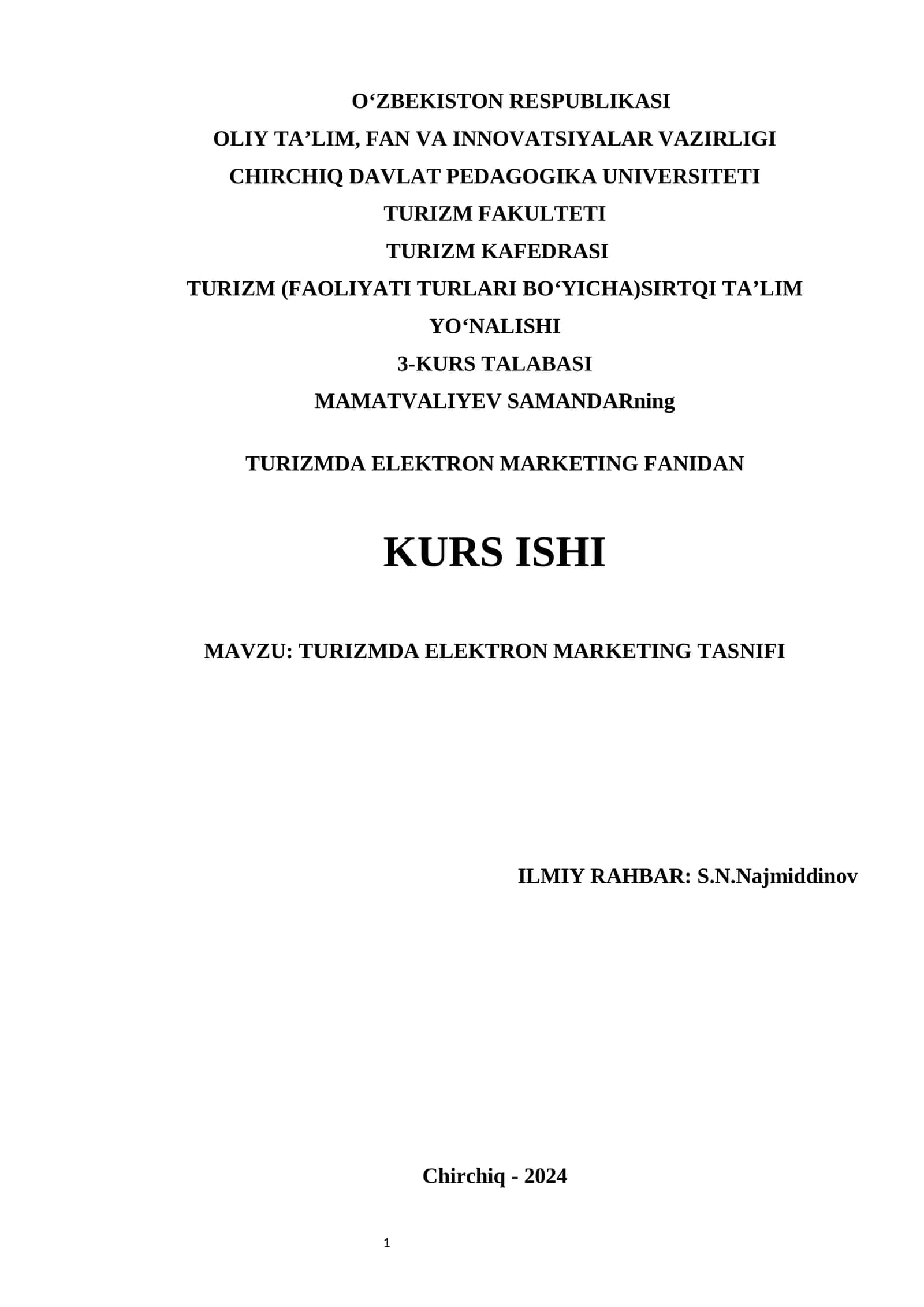 TURIZMDA ELEKTRON MARKETING TASNIFI 1