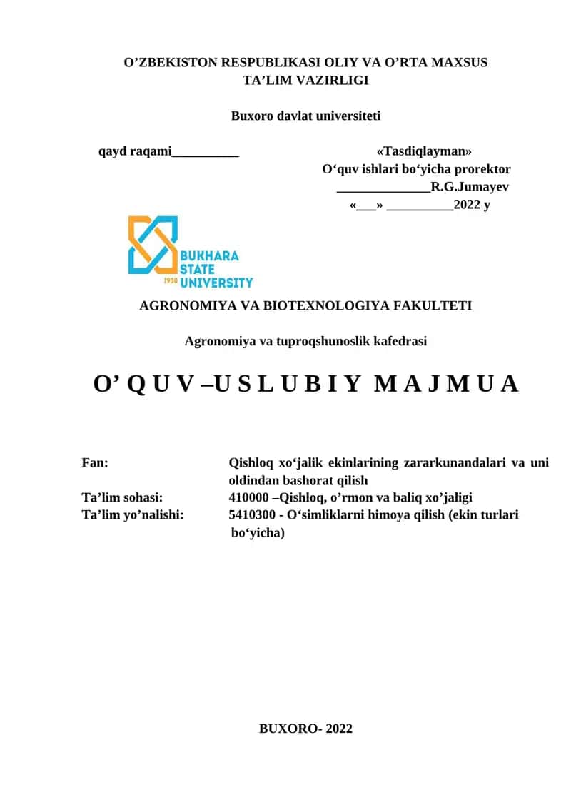 Qishloq xo‘jalik ekinlarining zararkunandalari va uni oldindan bashorat qilish 1