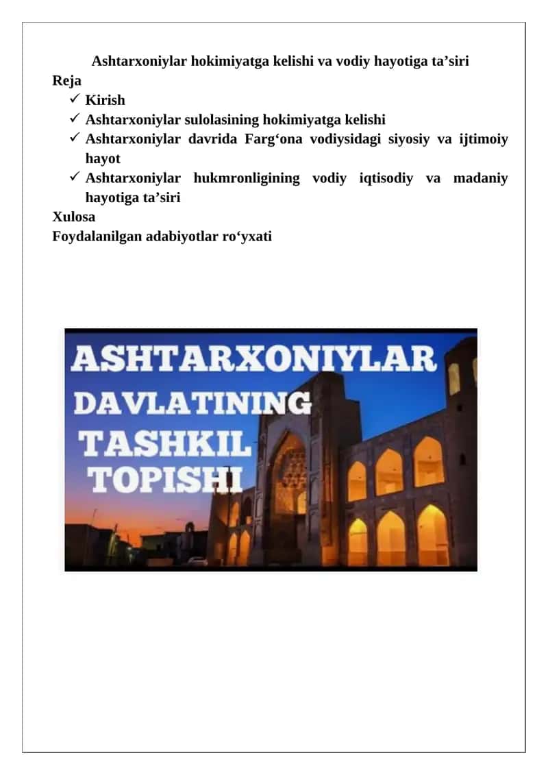 Ashtarxoniylar hokimiyatga kelishi va vodiy hayotiga ta’siri 1