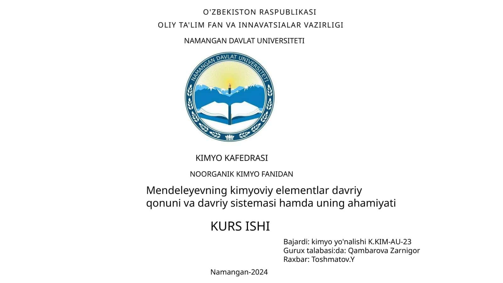 Mendeleyevning kimyoviy elementlari davriy qonuni va davriy sistemasi hamda uning ahamiyati 1