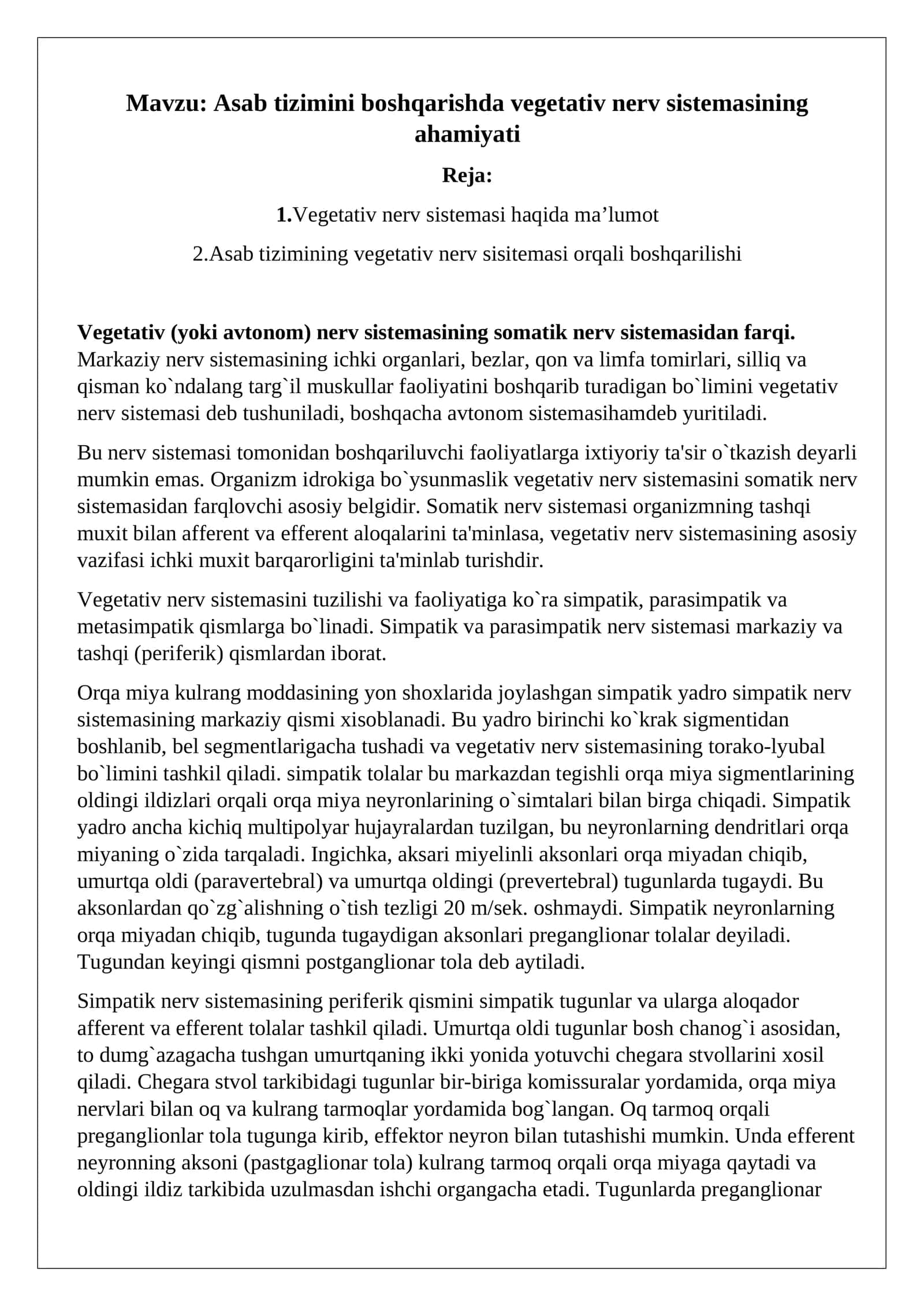 Asab tizimini boshqarishda vegetativ nerv sistemasining ahamiyati 1