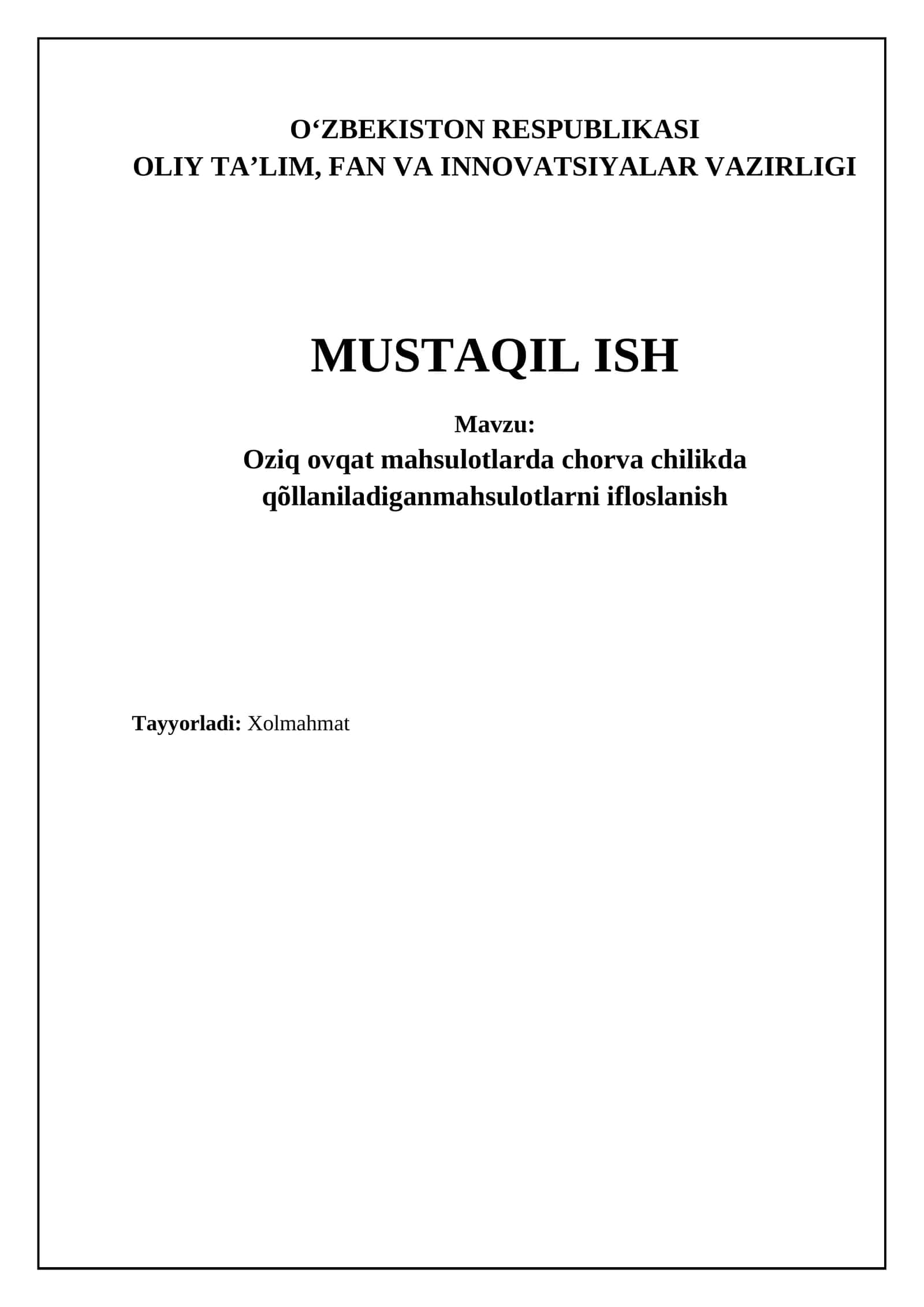 Oziq ovqat mahsulotlarda chorva chilikda qõllaniladiganmahsulotlarni ifloslanish 1
