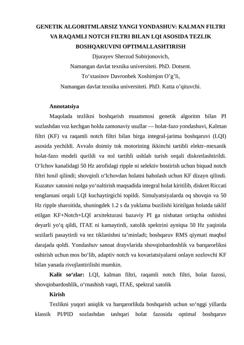 GENETIK ALGORITMLARSIZ YANGI YONDASHUV: KALMAN FILTRI VA RAQAMLI NOTCH FILTRI 1