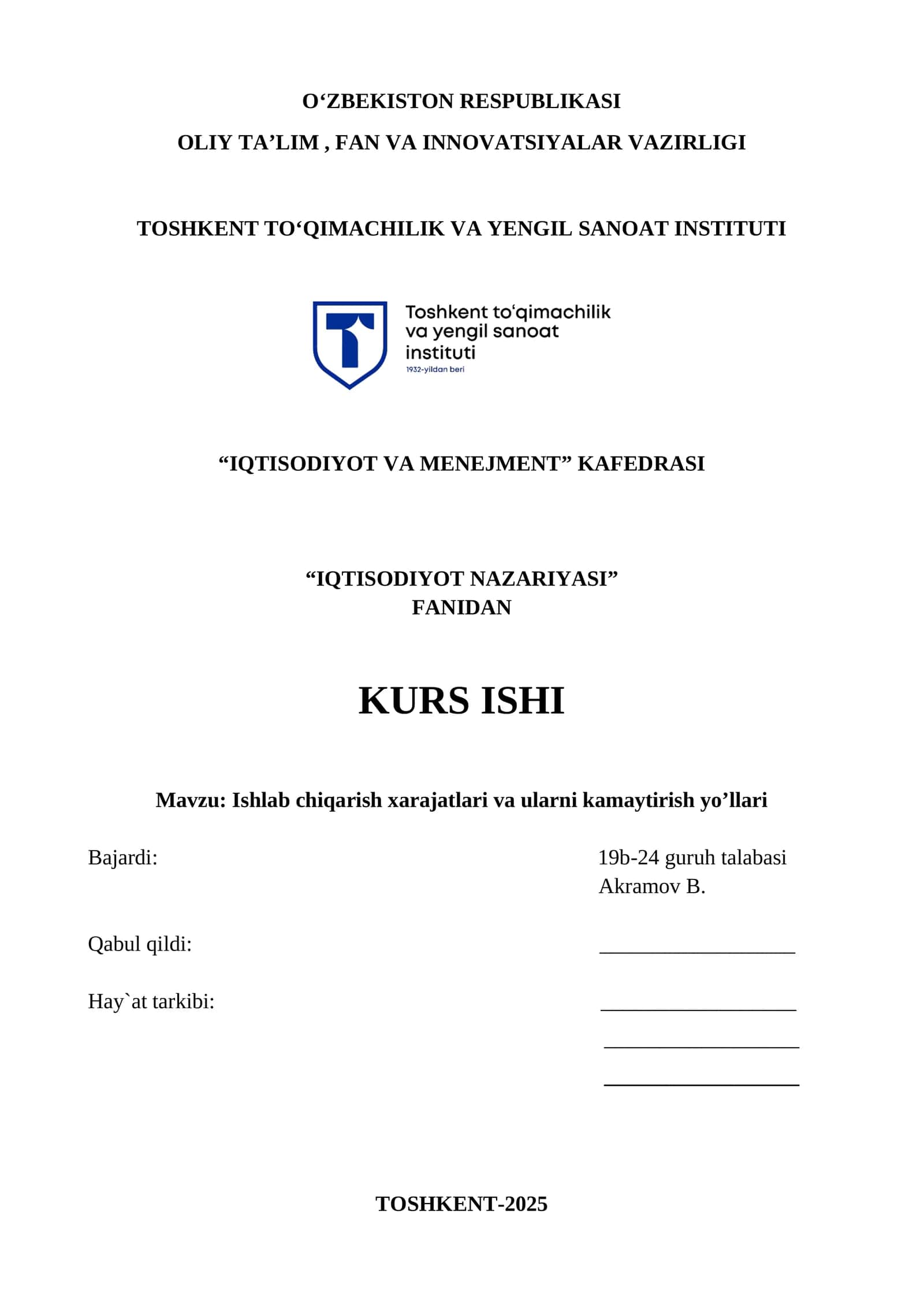 Ishlab chiqarish xarajatlari va ularni kamaytirish yo’llari 1