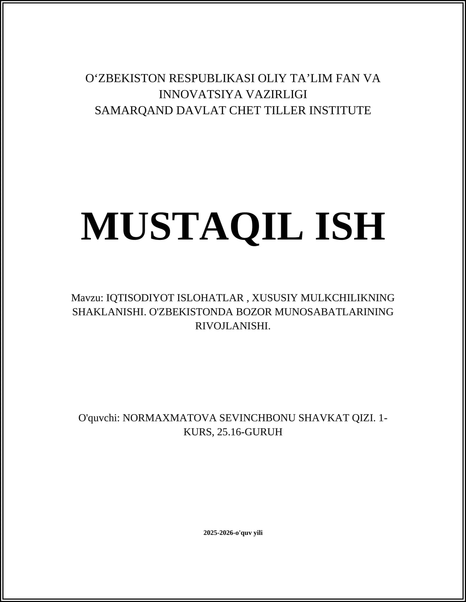 IQTISODIYOT ISLOHATLAR, XUSUSIY MULKCHILIKNING SHAKLANISHI 1