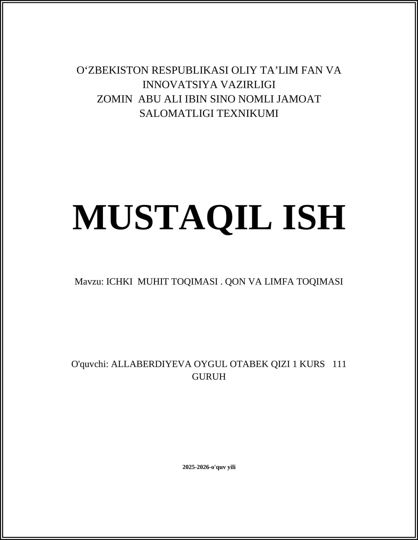 ICHKI MUHIT TOQIMASI. QON VA LIMFA TOQIMASI 1