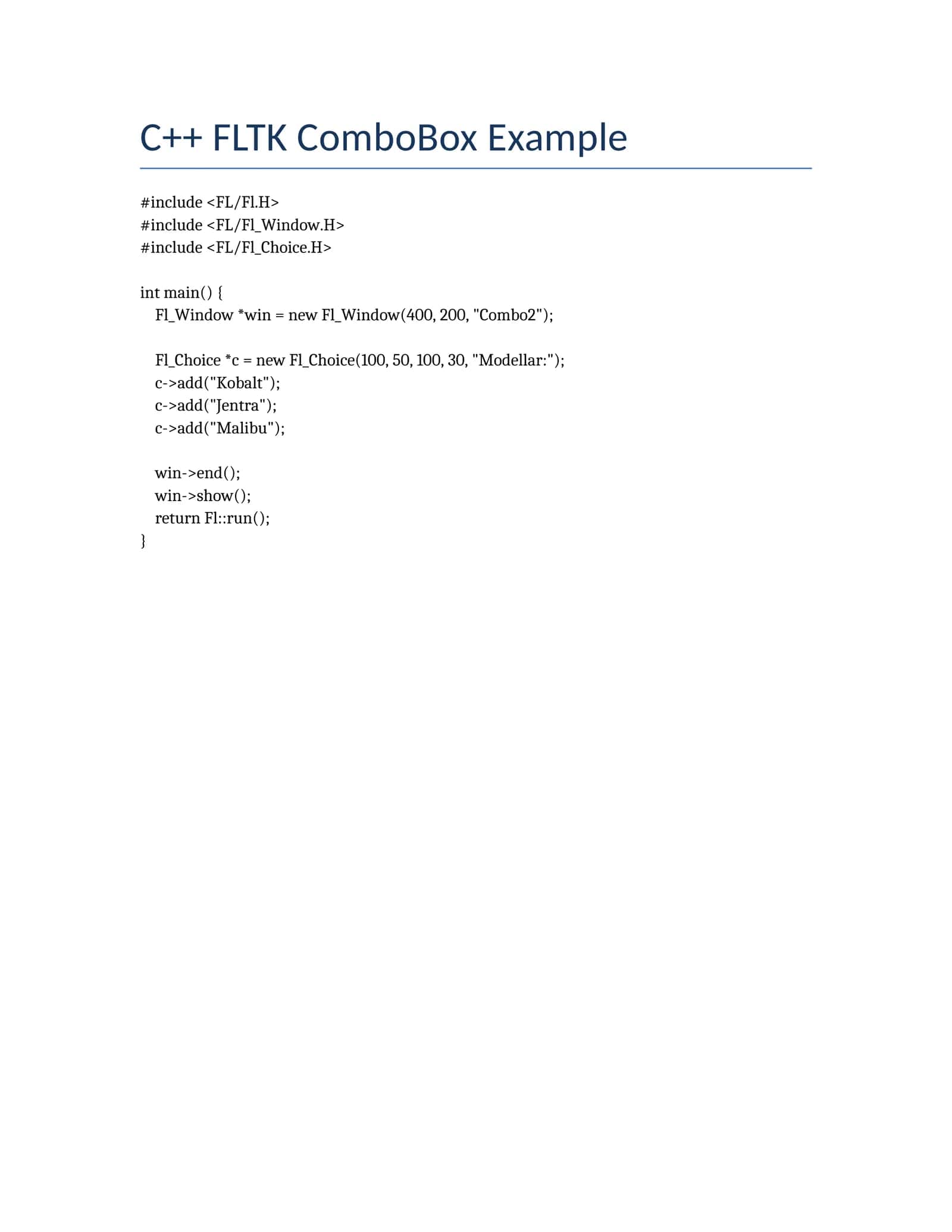C++ FLTK ComboBox Example 1