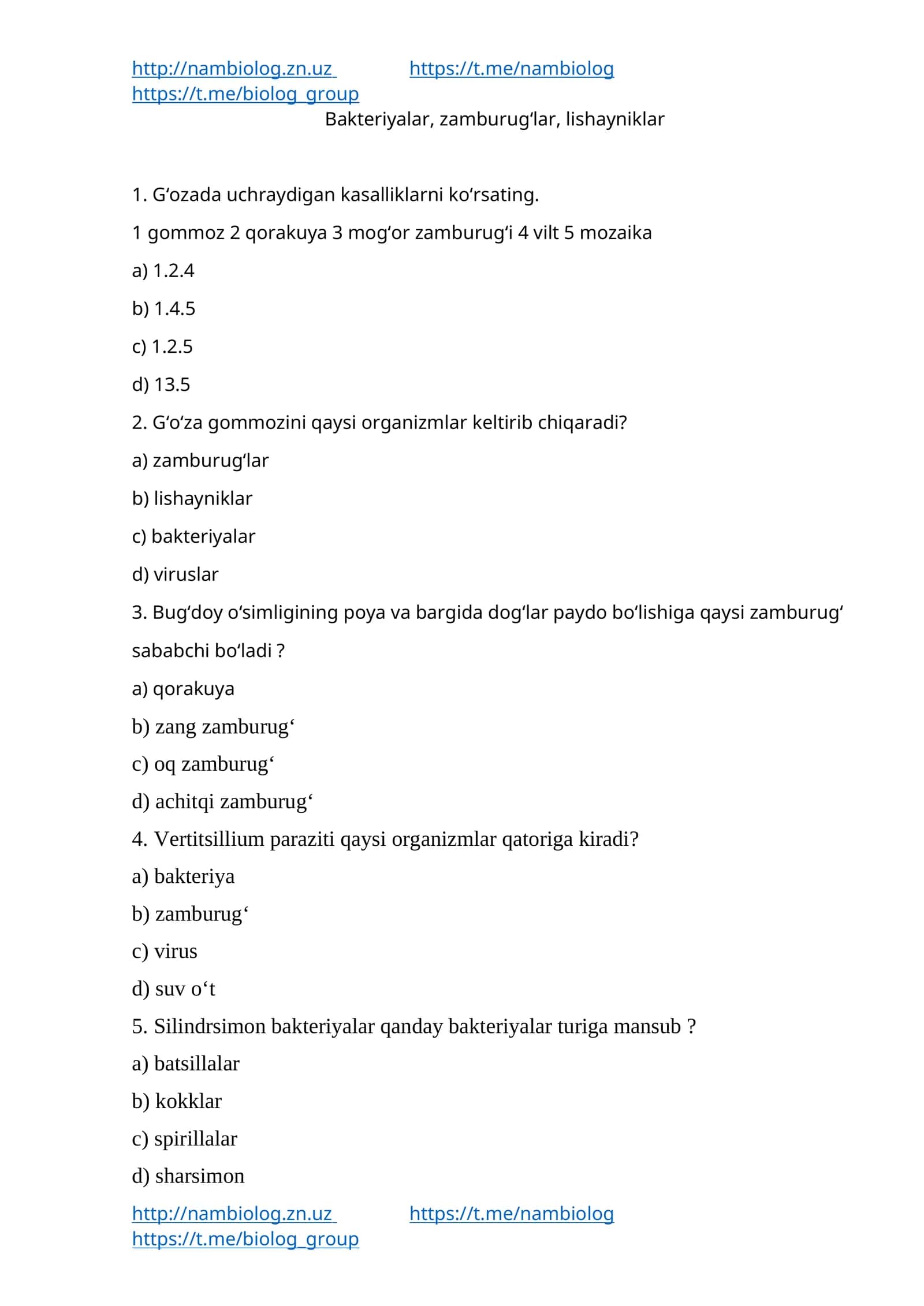 Biologiya Test Savollari 1