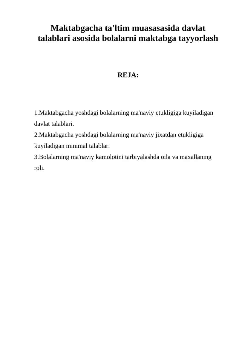 Maktabgacha ta'ltim muasasasida davlat talablari asosida bolalarni maktabga tayyorlash 1