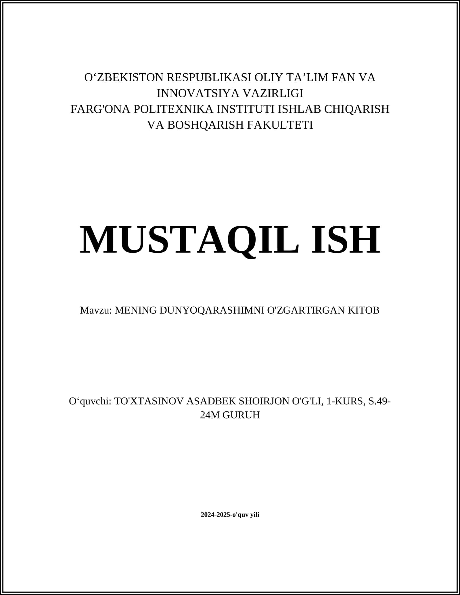 MENING DUNYOQARASHIMNI O'ZGARTIRGAN KITOB 1