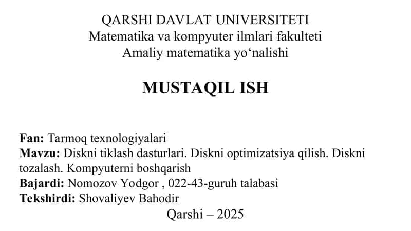 Diskni tiklash dasturlari. Diskni optimizatsiya qilish. Diskni tozalash. Kompyuterni boshqarish 1