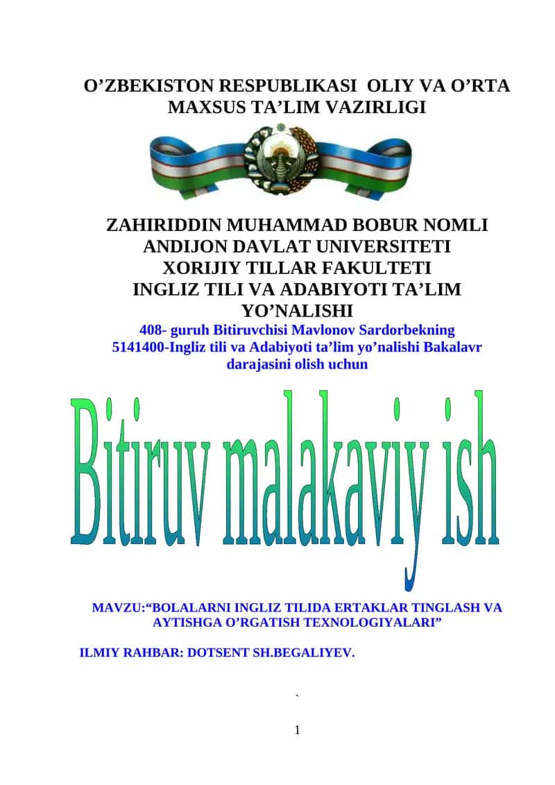 BOLALARNI INGLIZ TILIDA ERTAKLAR TINGLASH VA AYTISHGA O’RGATISH TEXNOLOGIYALARI 1
