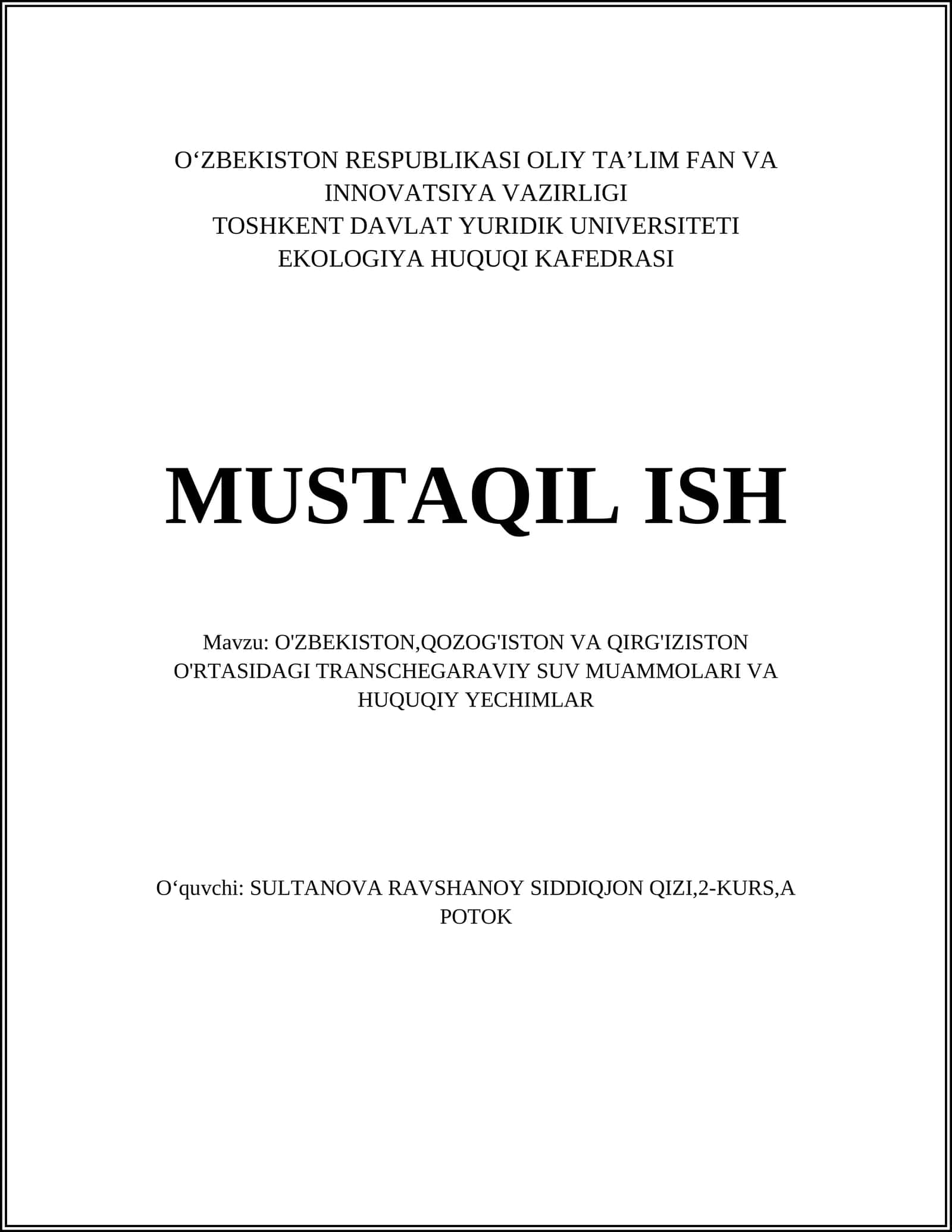 O'ZBEKISTON,QOZOG'ISTON VA QIRG'IZISTON O'RTASIDAGI TRANSCHEGARAVIY SUV MUAMMOLARI VA HUQUQIY YECHIMLAR 1