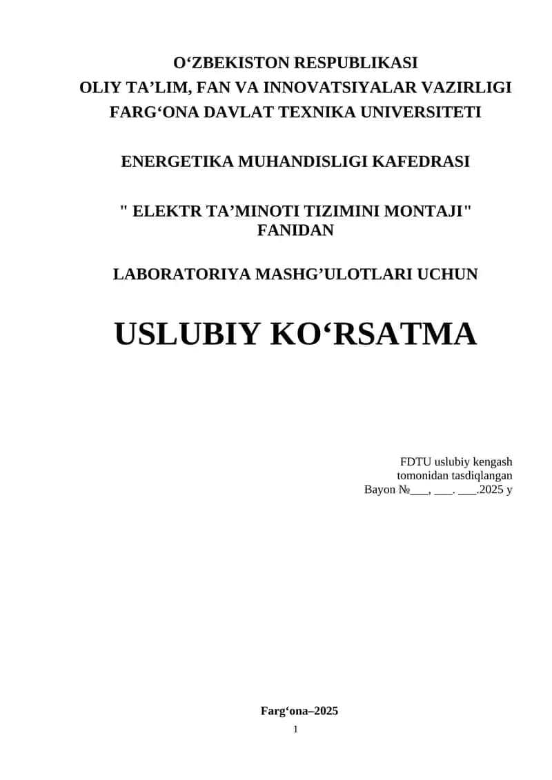 Ma’ruzalar kursi “Elektr ta’minoti tizimini montaji” fanidan 1