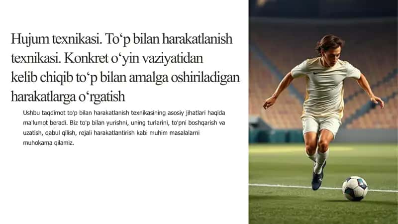 Hujum texnikasi. Toʻp bilan harakatlanish texnikasi. Konkret oʻyin vaziyatidan  kelib chiqib toʻp bilan amalga oshiriladigan harakatlarga oʻrgatish 1