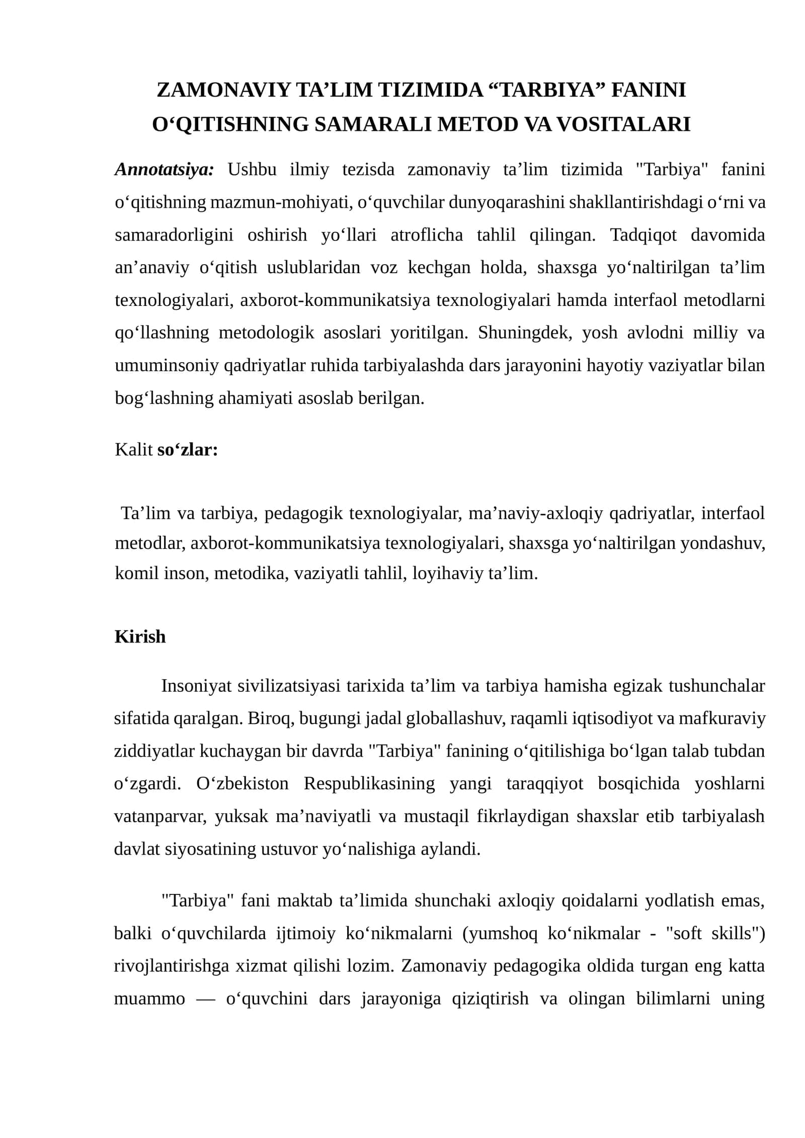 ZAMONAVIY TA’LIM TIZIMIDA “TARBIYA” FANINI O‘QITISHNING SAMARALI METOD VA VOSITALARI 1