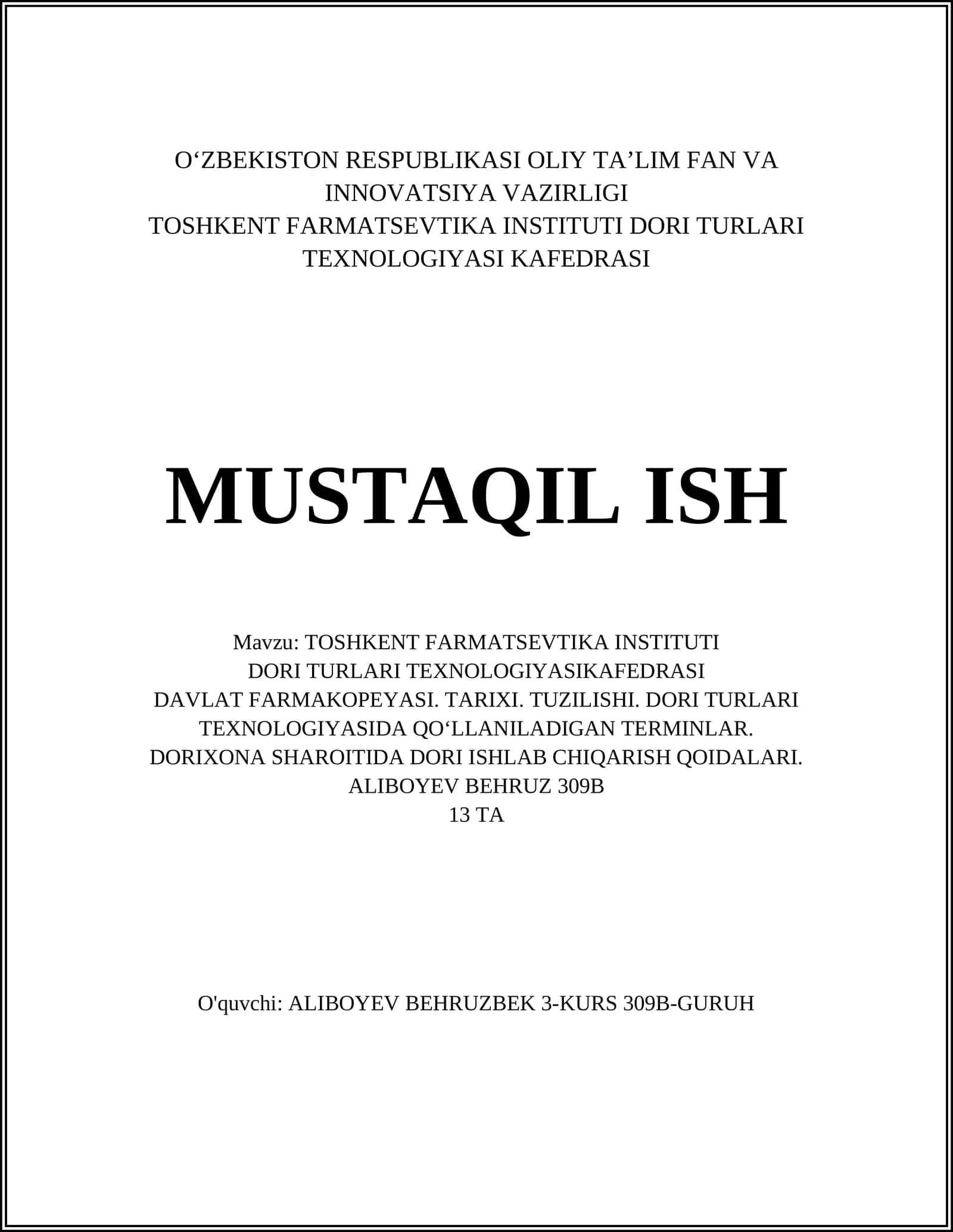 TOSHKENT FARMATSEVTIKA INSTITUTI DORI TURLARI TEXNOLOGIYASI KAFEDRASI 1