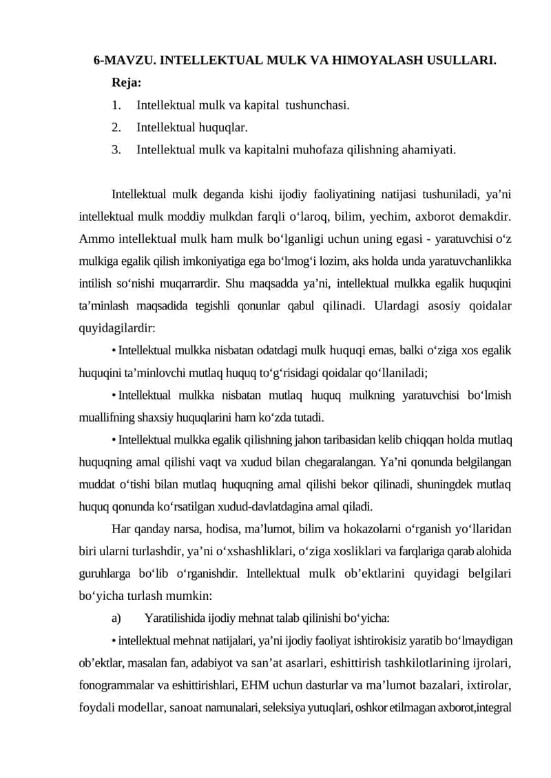 INTELLEKTUAL MULK VA HIMOYALASH USULLARI 1