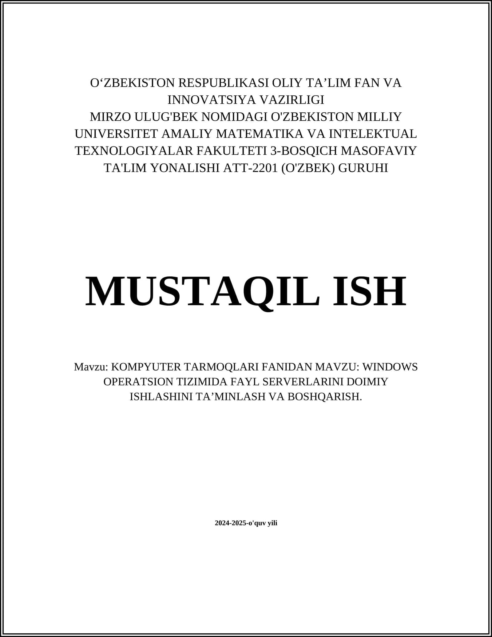 WINDOWS OPERATSION TIZIMIDA FAYL SERVERLARINI DOIMIY ISHLASHINI TA’MINLASH VA BOSHQARISH 1