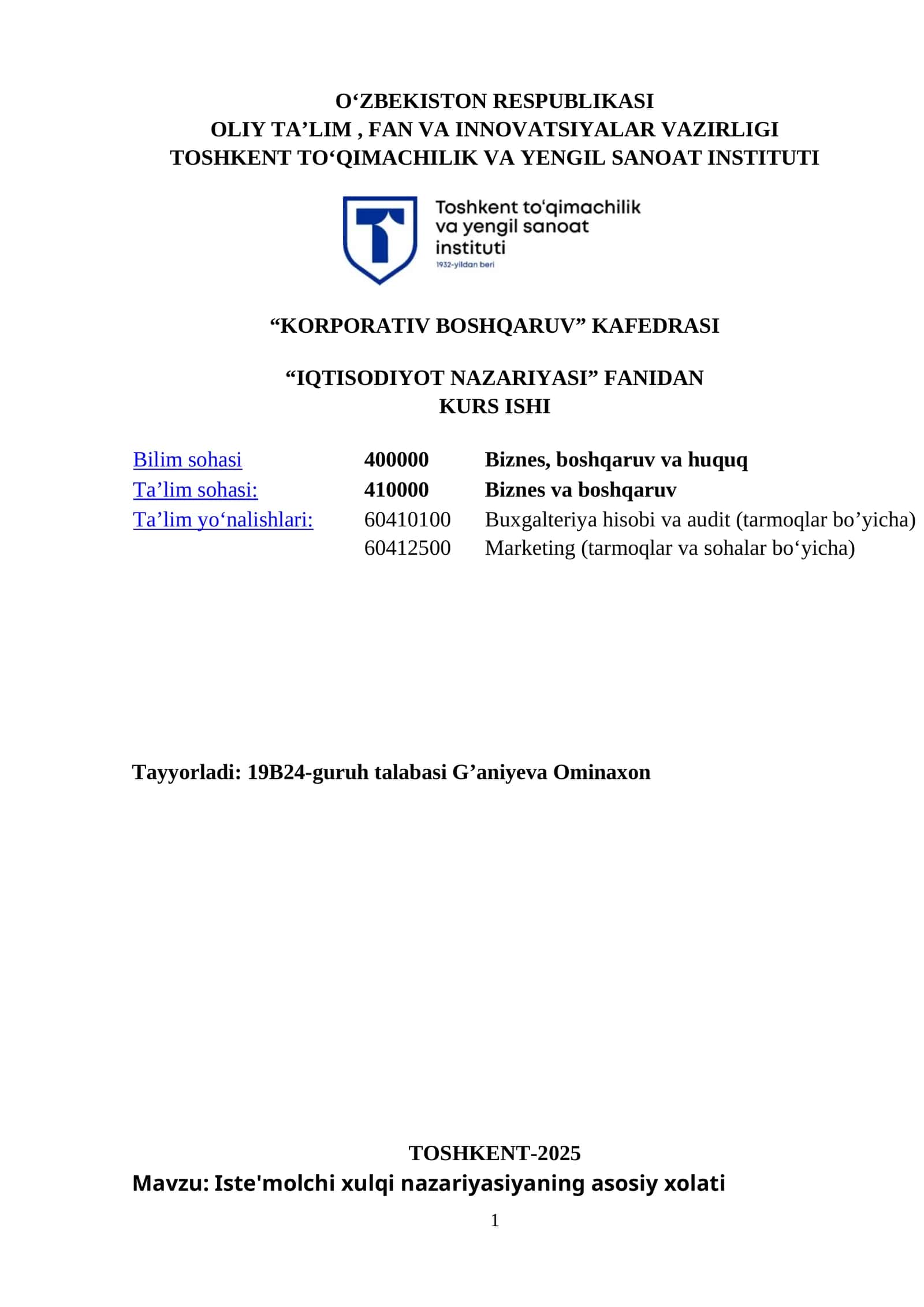 Iste'molchi xulqi nazariyasiyaning asosiy xolati 1