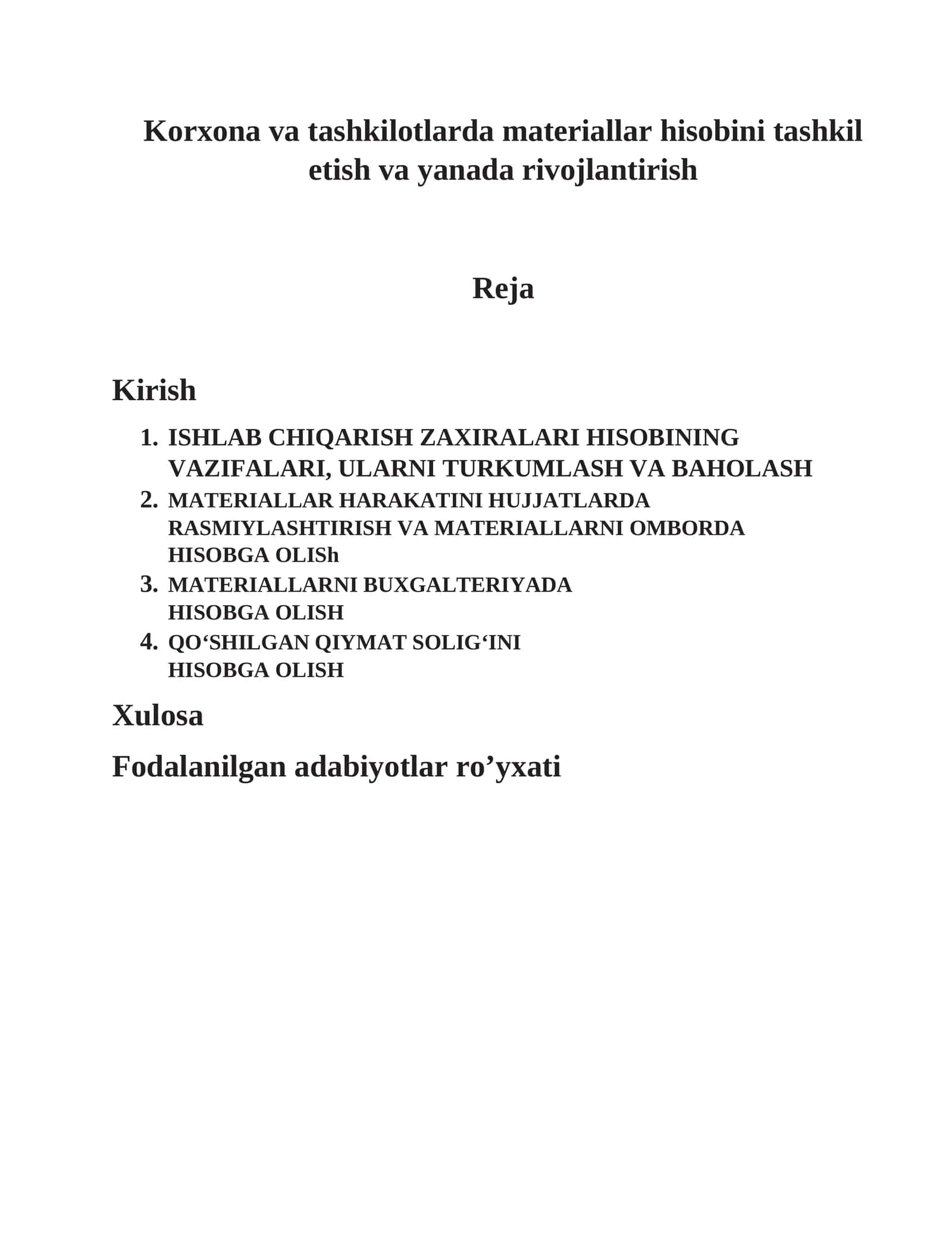 Korxona va tashkilotlarda materiallar hisobini tashkil etish va yanada rivojlantirish 1