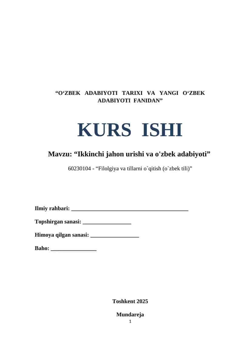 Ikkinchi jahon urishi va o'zbek adabiyoti 1