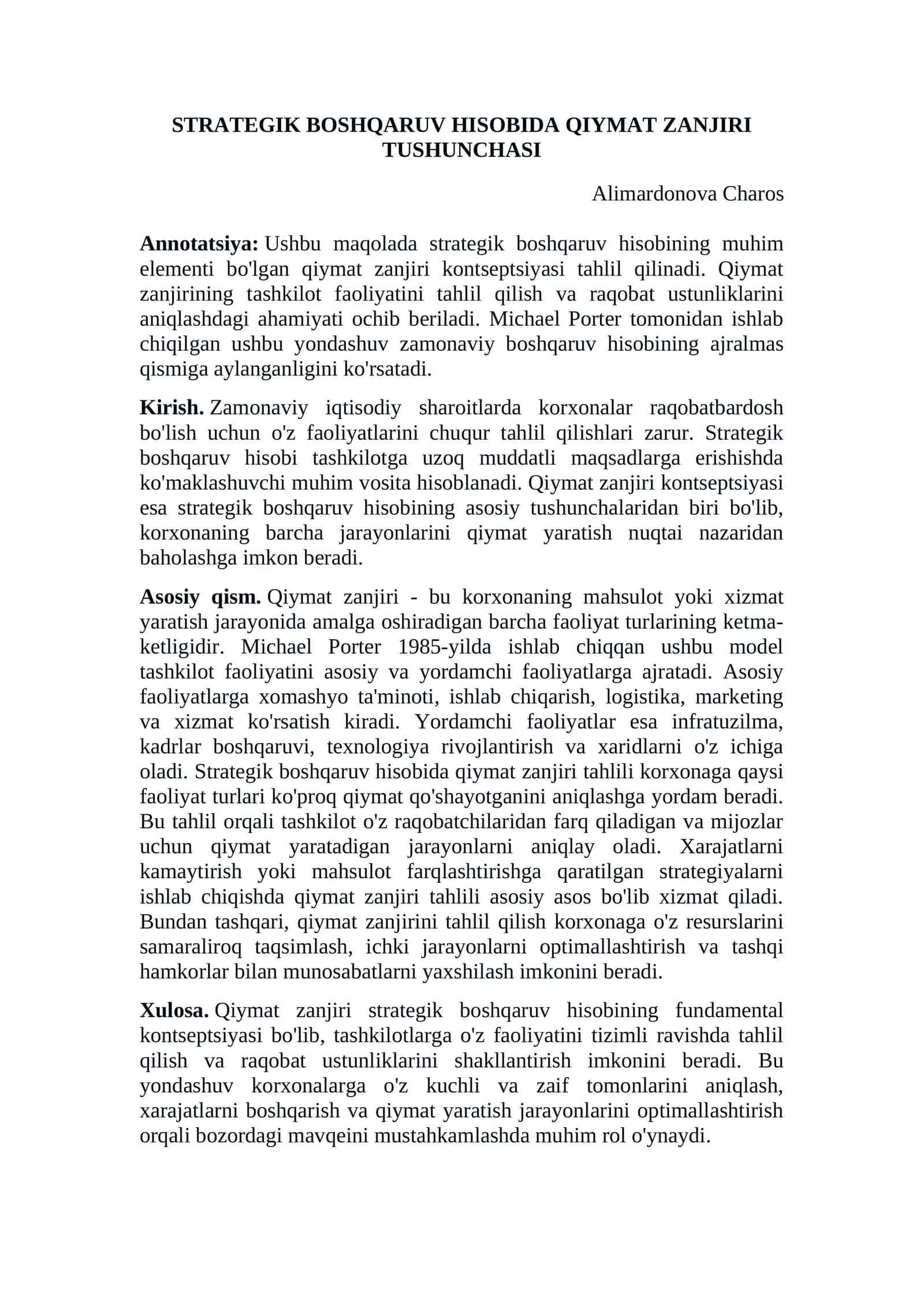 STRATEGIK BOSHQARUV HISOBIDA QIYMAT ZANJIRI TUSHUNCHASI 1