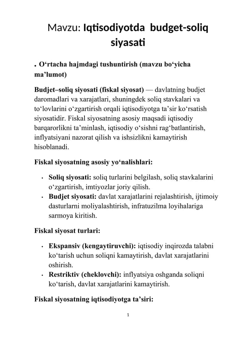 Iqtisodiyotda budget-soliq siyasati 1