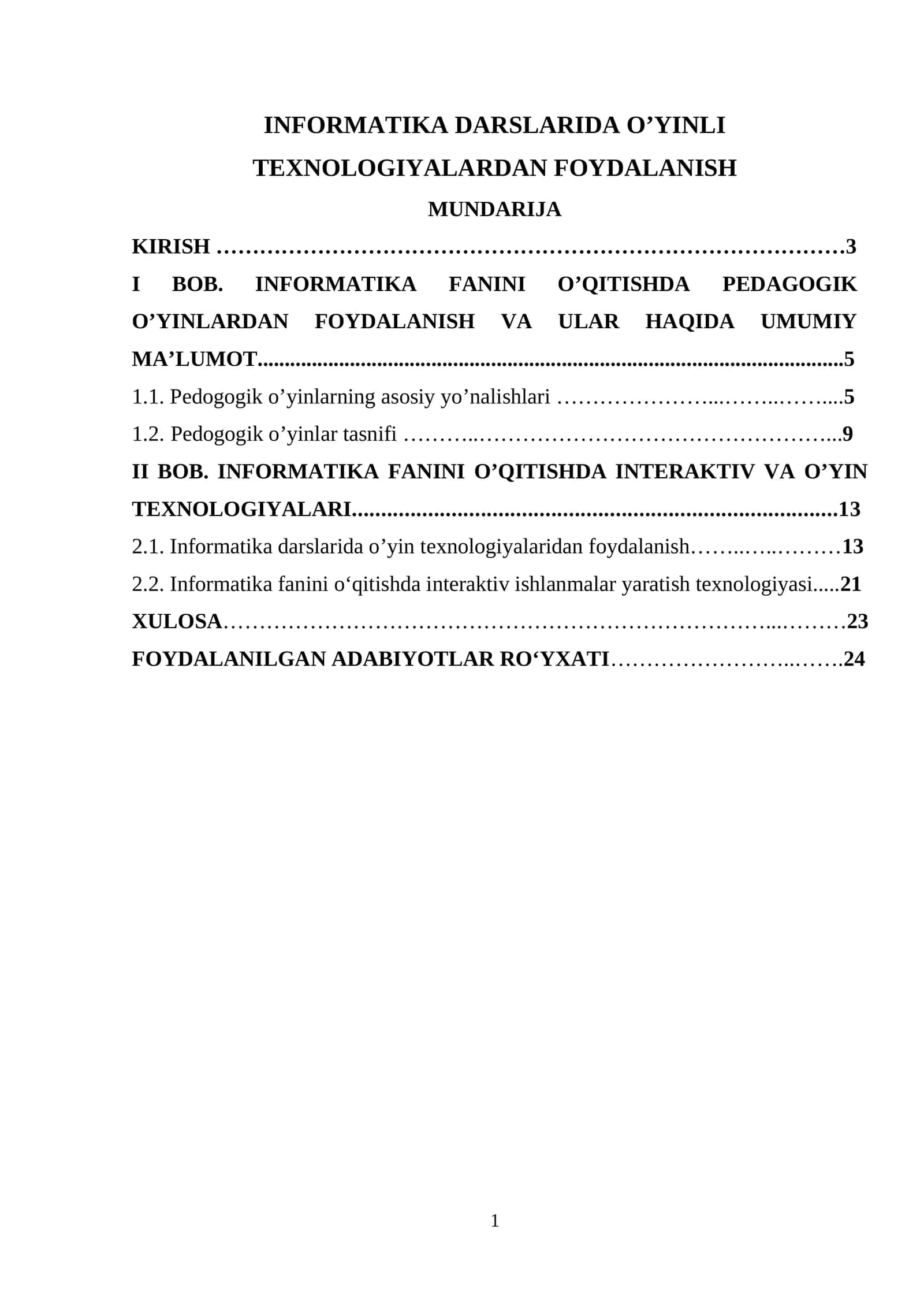 INFORMATIKA DARSLARIDA O’YINLI TEXNOLOGIYALARDAN FOYDALANISH 1