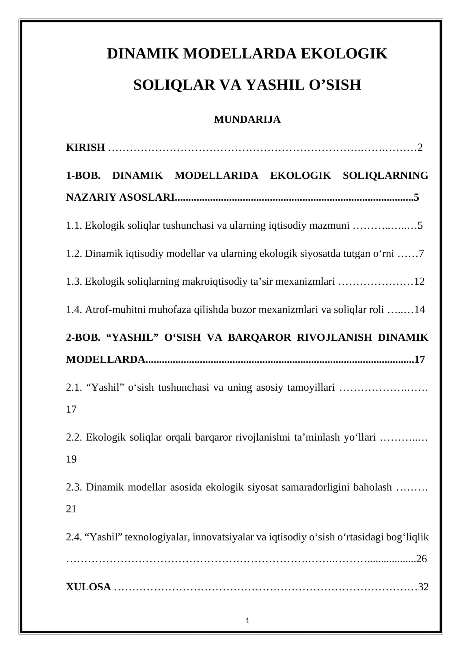 DINAMIK MODELLARDA EKOLOGIK SOLIQLAR VA YASHIL O’SISH 1