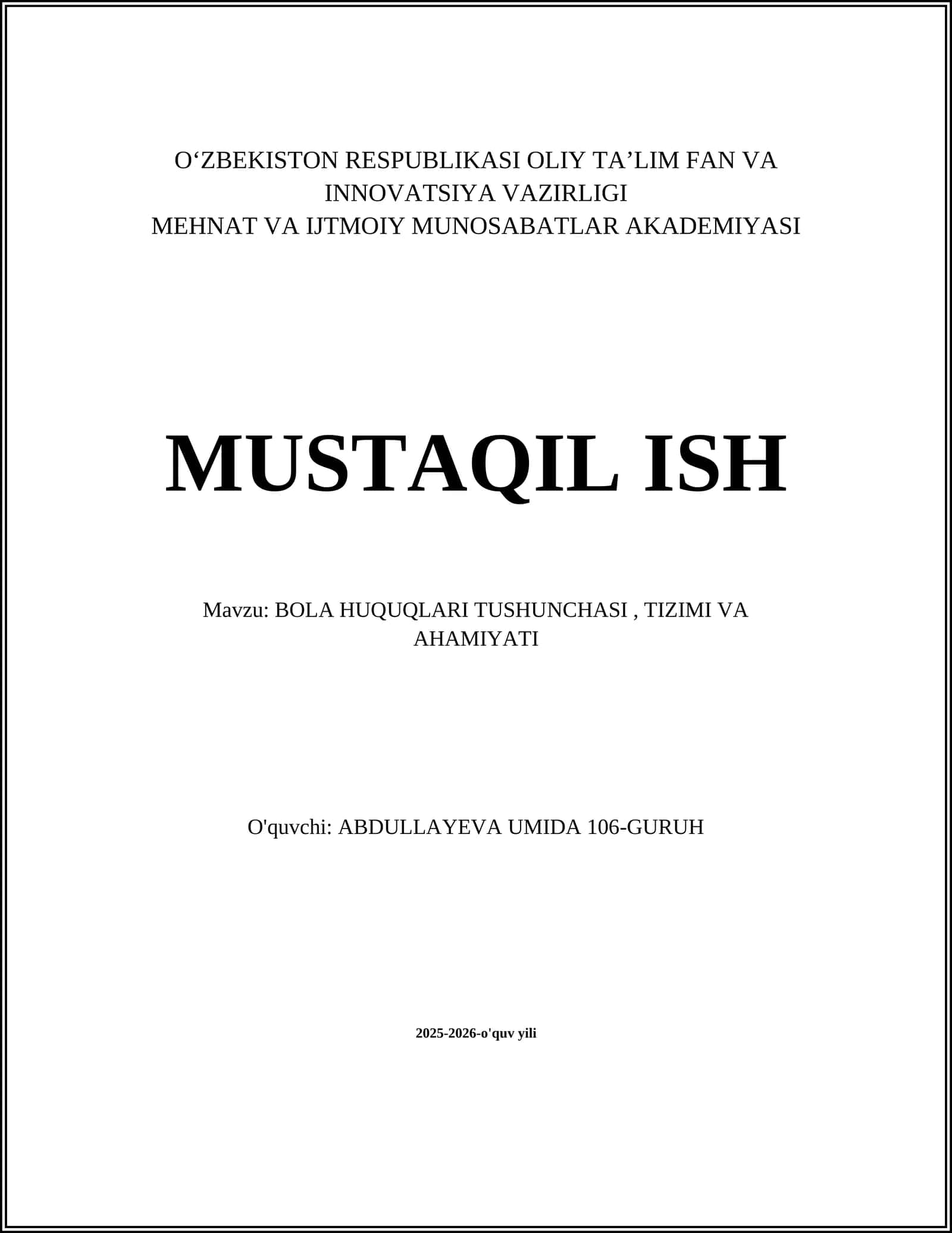 Bola huquqlari tushunchasi, tizimi va ahmiyati 1
