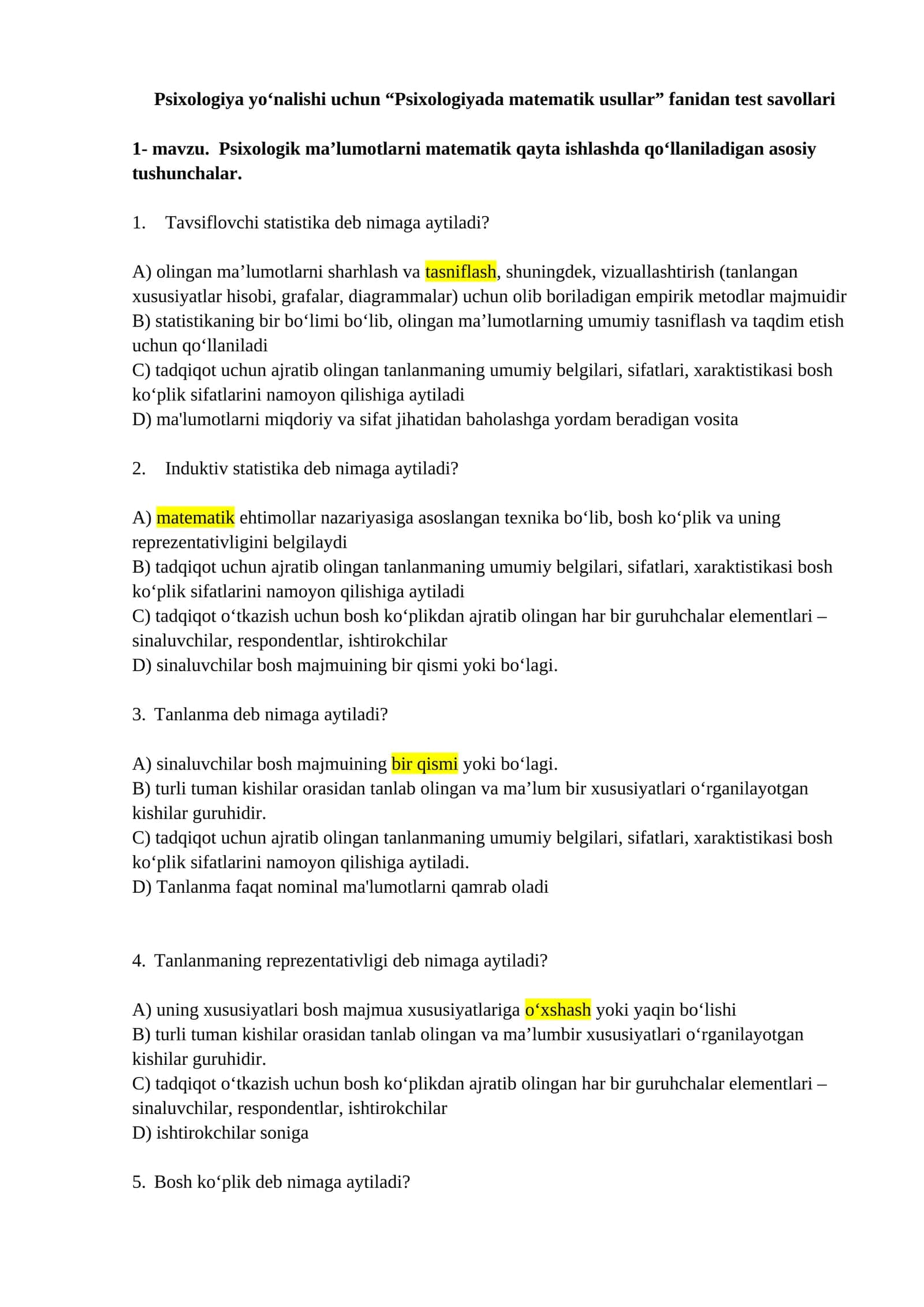 Psixologiyada matematik usullar fanidan test savollari 1